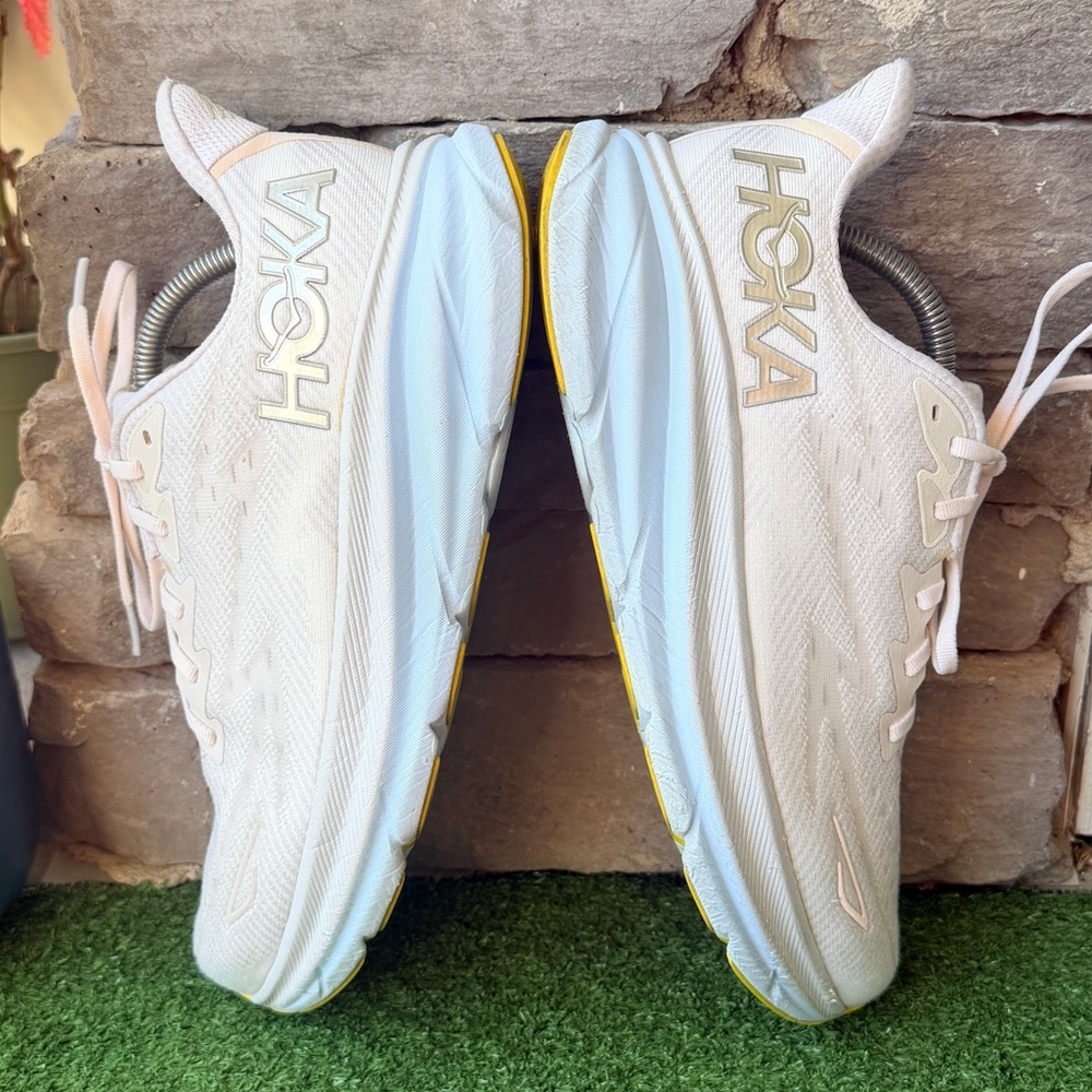 11 Hoka One One Clifton Women's Pale Pink and White Sneakers - Picture 6 of 11